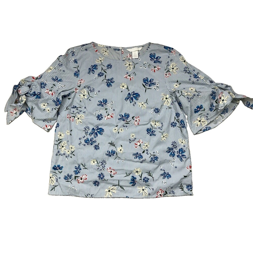 H&M Blue White Striped Floral Blouse Tie Sleeve Top Sz 4 NWOT Cottagecore summer